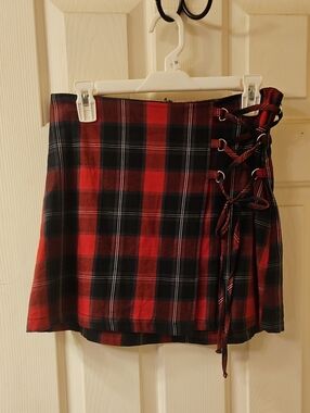 wild fable Red and Black Plaid Lace-Up Mini Skirt